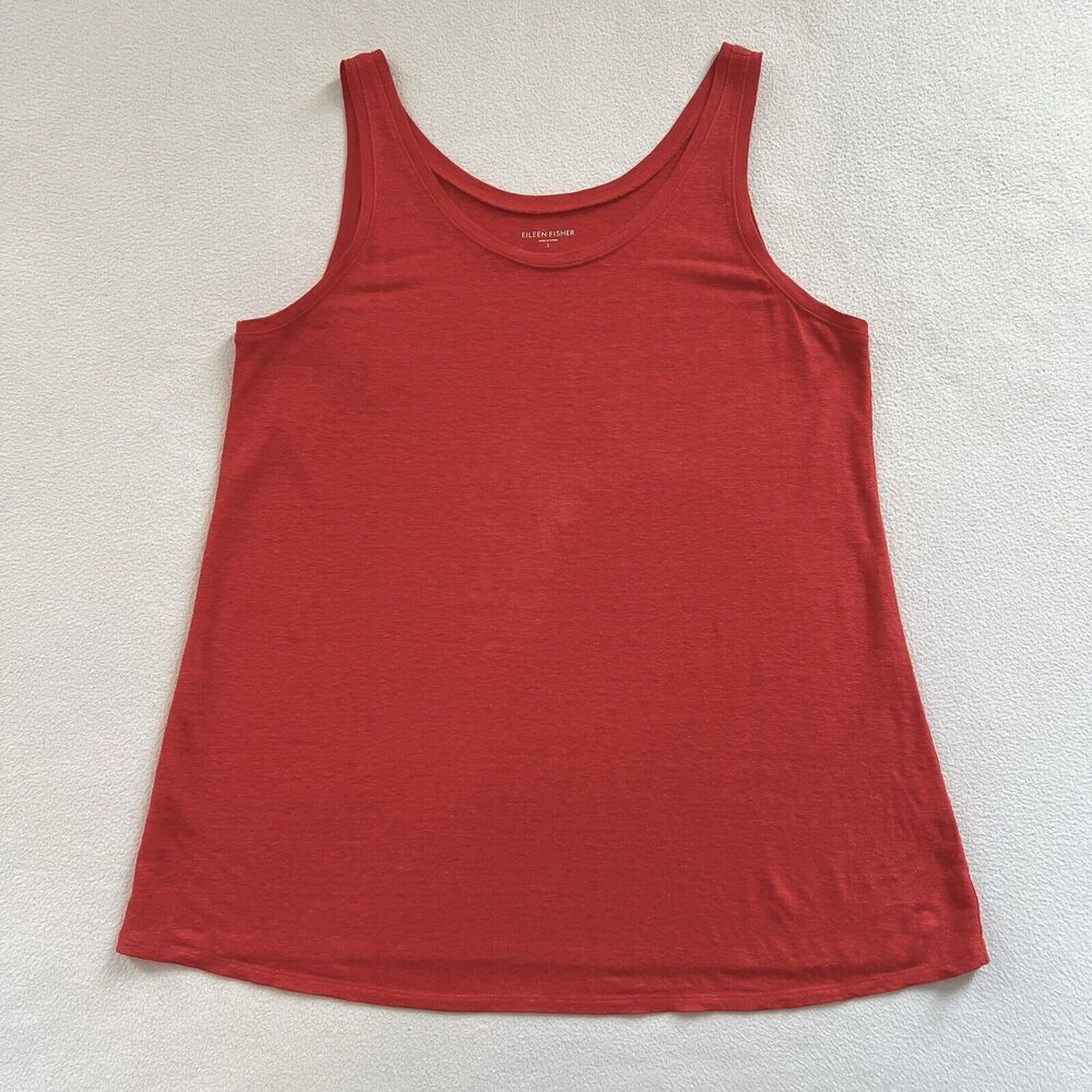 Eileen Fisher Women Solid Orange Red Slub Texture Linen Sleeveless Tank Top S